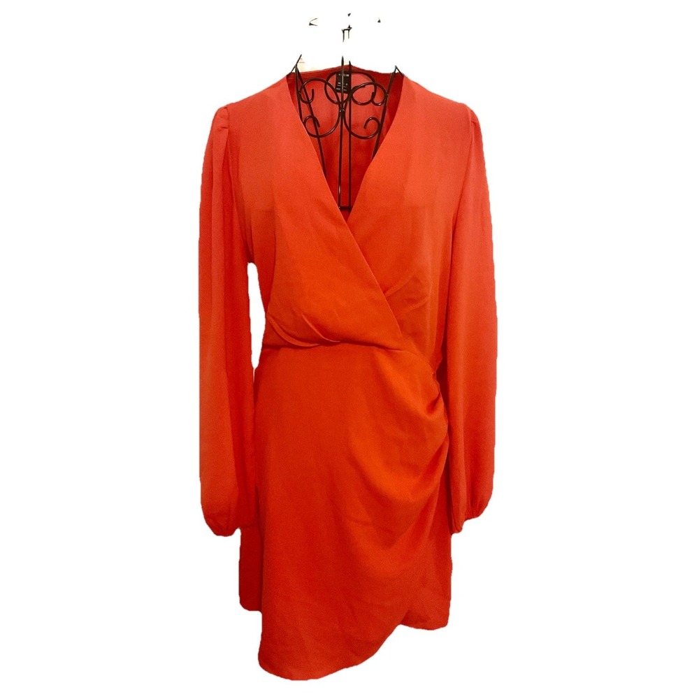 Women's Long-Sleeved, Orange, Faux-Wrap Style Dress with Side Split Size S/M